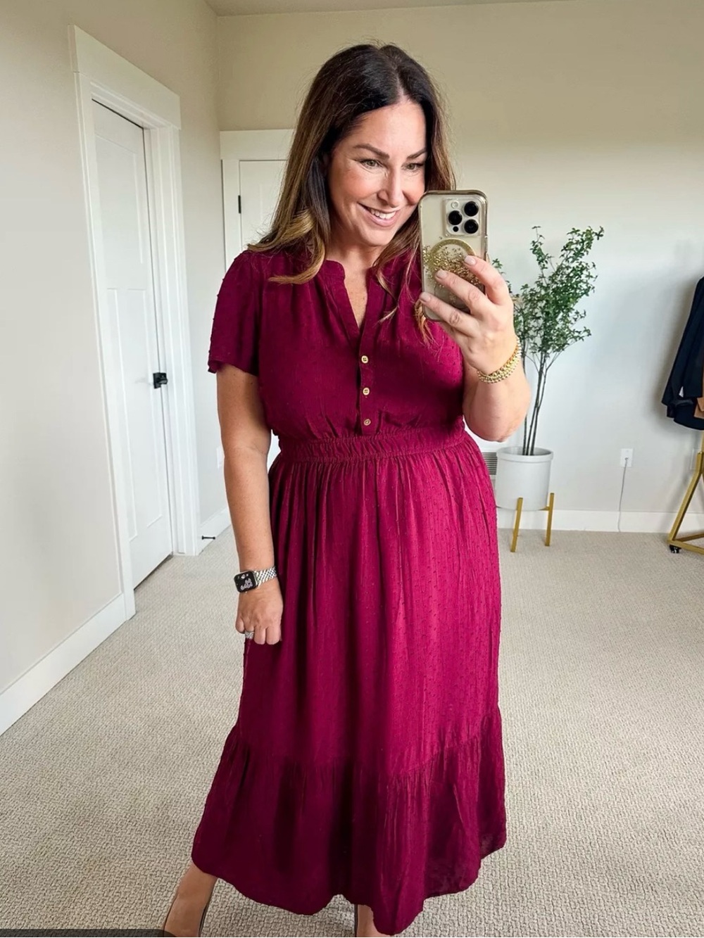 LOFT Maroon Clip Dot Maxi Dress L